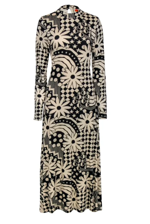 Farm - Black & Cream Floral Geo Print Long Sleeve Maxi Dress Sz M