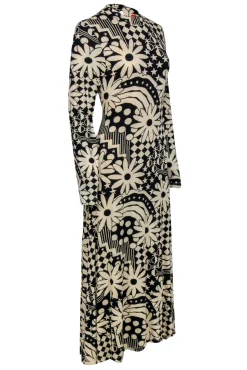 Farm - Black & Cream Floral Geo Print Long Sleeve Maxi Dress Sz M