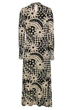 Farm - Black & Cream Floral Geo Print Long Sleeve Maxi Dress Sz M