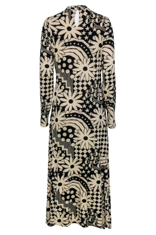 Farm - Black & Cream Floral Geo Print Long Sleeve Maxi Dress Sz M