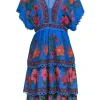Farm - Blue & Multicolor Floral & Pineapple Print Tiered Embroidered Dress Sz M