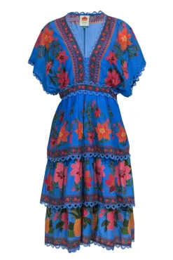 Farm - Blue & Multicolor Floral & Pineapple Print Tiered Embroidered Dress Sz M