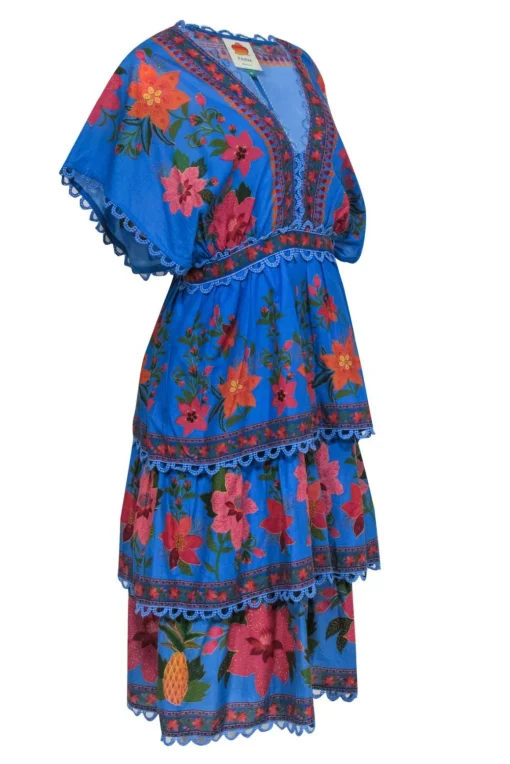 Farm - Blue & Multicolor Floral & Pineapple Print Tiered Embroidered Dress Sz M