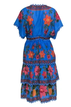 Farm - Blue & Multicolor Floral & Pineapple Print Tiered Embroidered Dress Sz M
