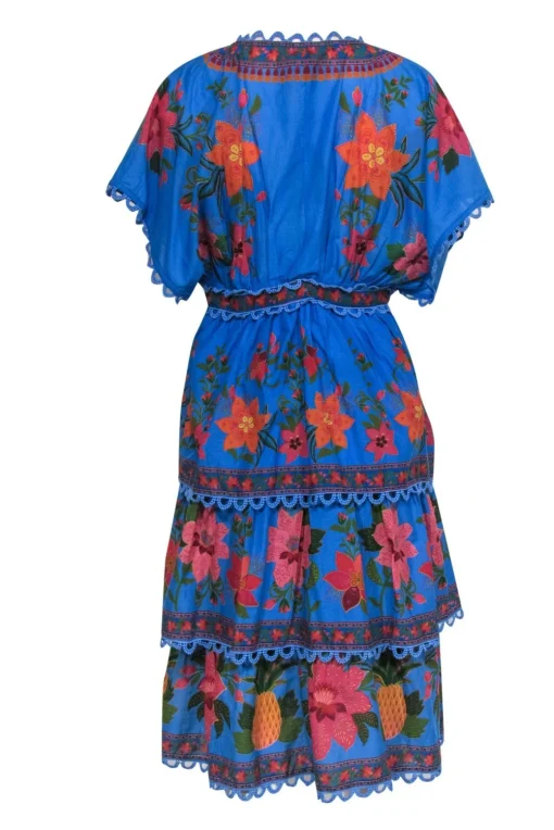 Farm - Blue & Multicolor Floral & Pineapple Print Tiered Embroidered Dress Sz M