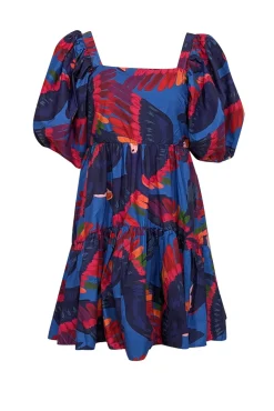 Farm - Blue w/ Rainbow Macaw Print Poplin Mini Dress Sz M