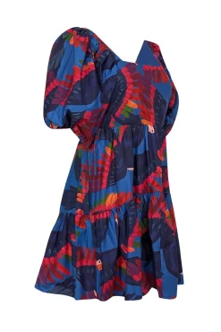 Farm - Blue w/ Rainbow Macaw Print Poplin Mini Dress Sz M