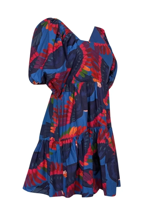 Farm - Blue w/ Rainbow Macaw Print Poplin Mini Dress Sz M