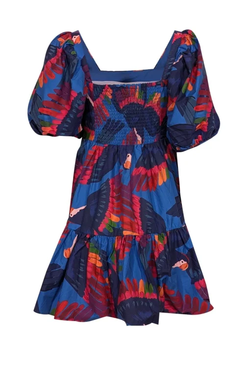 Farm - Blue w/ Rainbow Macaw Print Poplin Mini Dress Sz M