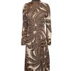 Farm - Cream, Gold, & Black Print Long Sleeve Midi Dress Sz S