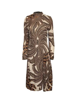 Farm - Cream, Gold, & Black Print Long Sleeve Midi Dress Sz S