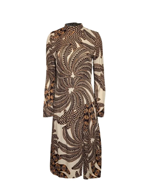 Farm - Cream, Gold, & Black Print Long Sleeve Midi Dress Sz S