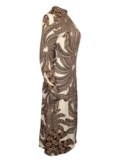 Farm - Cream, Gold, & Black Print Long Sleeve Midi Dress Sz S