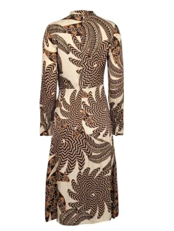 Farm - Cream, Gold, & Black Print Long Sleeve Midi Dress Sz S