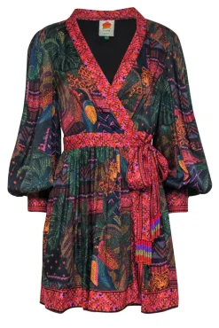 Farm - Dark Green & Multicolor Jungle Print Wrap Dress Sz S