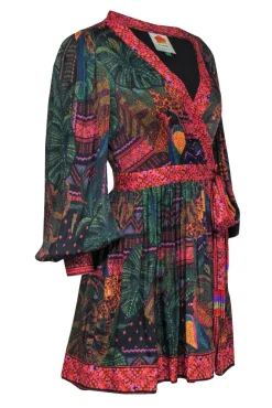 Farm - Dark Green & Multicolor Jungle Print Wrap Dress Sz S
