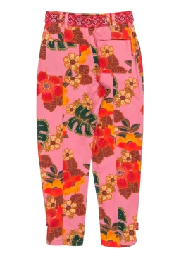 Farm - Pink & Multicolor Floral & Leaf Print High-Waist Pants Sz S