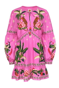 Farm - Pink Tropical "Leopard Forest" Print Long Sleeve Dress Sz L