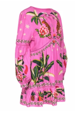 Farm - Pink Tropical "Leopard Forest" Print Long Sleeve Dress Sz L