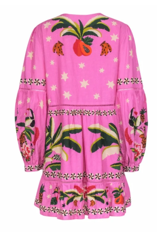 Farm - Pink Tropical "Leopard Forest" Print Long Sleeve Dress Sz L
