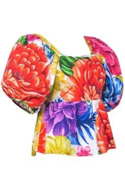 Farm - Rainbow Floral Print Puff Sleeve Peplum Blouse Sz XS