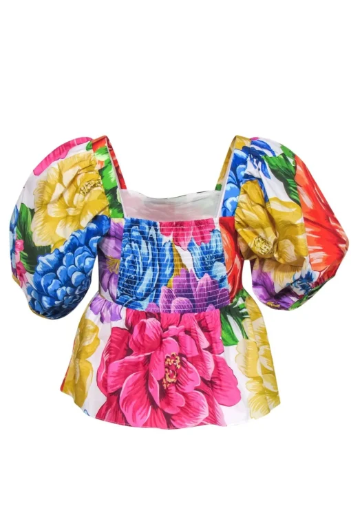 Farm - Rainbow Floral Print Puff Sleeve Peplum Blouse Sz XS