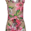 Farm - Tan, Pink & Green Floral & Snakeskin Print Linen Romper Sz XS
