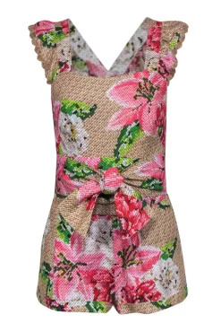 Farm - Tan, Pink & Green Floral & Snakeskin Print Linen Romper Sz XS