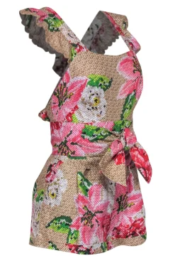 Farm - Tan, Pink & Green Floral & Snakeskin Print Linen Romper Sz XS