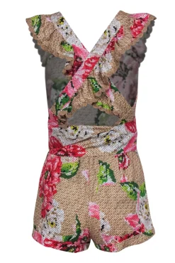 Farm - Tan, Pink & Green Floral & Snakeskin Print Linen Romper Sz XS