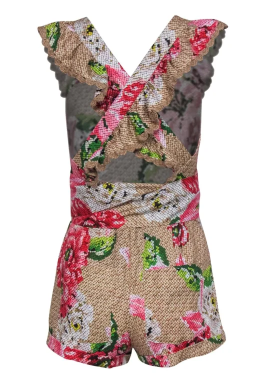 Farm - Tan, Pink & Green Floral & Snakeskin Print Linen Romper Sz XS