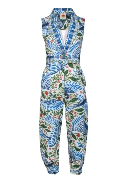 Farm - White & Blue Bird & Leaf Print Tapered Leg Jumpsuit Sz XS