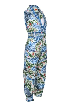 Farm - White & Blue Bird & Leaf Print Tapered Leg Jumpsuit Sz XS