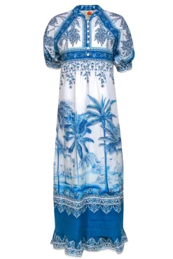 Farm - White & Blue Scenic Palm Tree Print Cotton Maxi Dress Sz S