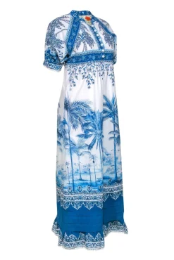 Farm - White & Blue Scenic Palm Tree Print Cotton Maxi Dress Sz S