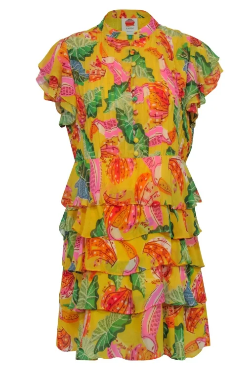 Farm Rio - Yellow Tropical "Beaks & Bananas" Print Ruffle Mini Dress Sz S