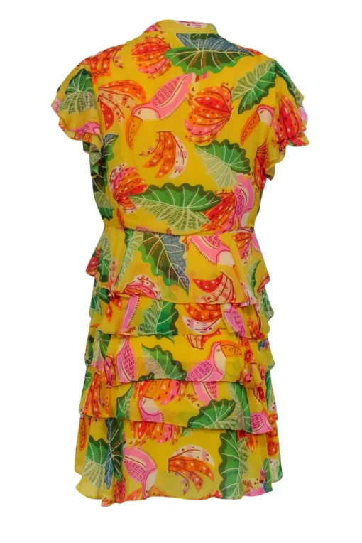 Farm Rio - Yellow Tropical "Beaks & Bananas" Print Ruffle Mini Dress Sz S