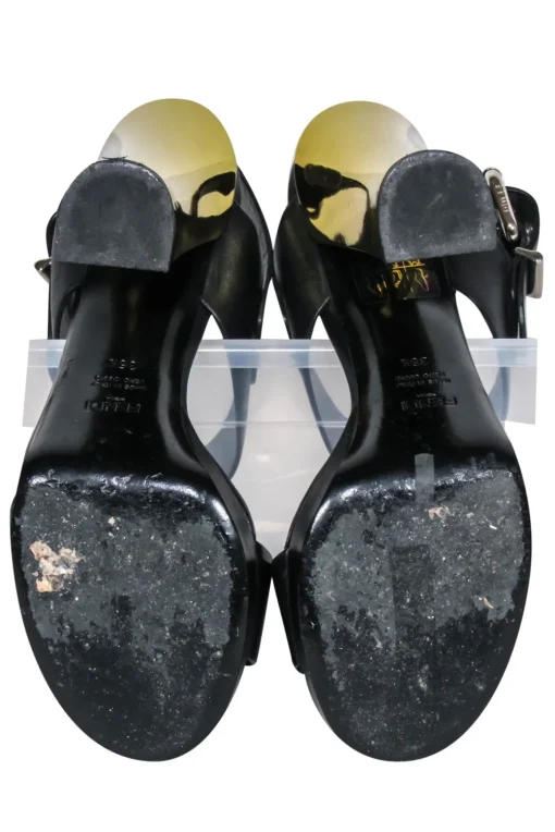 Fendi - Black Leather Open Toe Pumps w/ Gold Heel Sz 6.5
