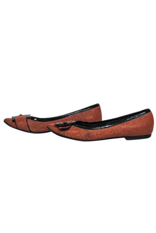 Fendi - Brown Textured Leather Buckle Flats Sz 7.5