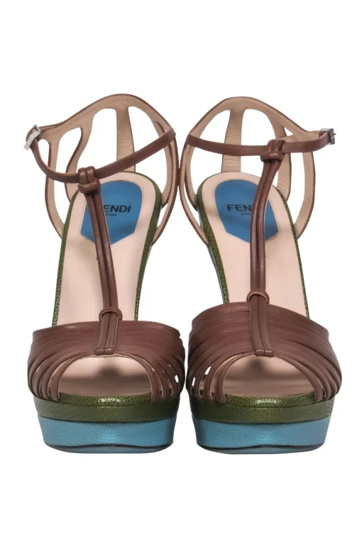 Fendi - Brown w/ Green & Blue Snakeskin Embossed Leather Stiletto Sz 9