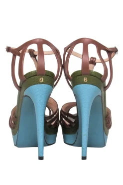 Fendi - Brown w/ Green & Blue Snakeskin Embossed Leather Stiletto Sz 9