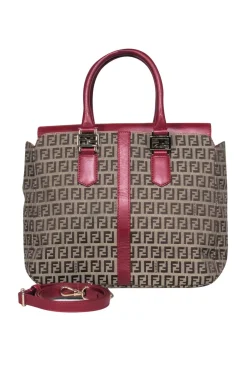 Fendi - Tan Monogram Print Convertible Satchel w/ Red Leather Trim