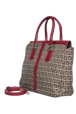 Fendi - Tan Monogram Print Convertible Satchel w/ Red Leather Trim