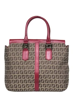 Fendi - Tan Monogram Print Convertible Satchel w/ Red Leather Trim