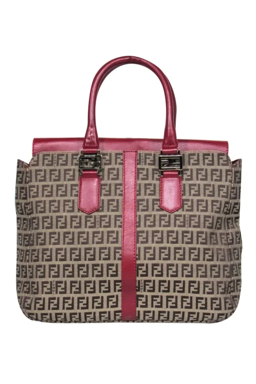 Fendi - Tan Monogram Print Convertible Satchel w/ Red Leather Trim