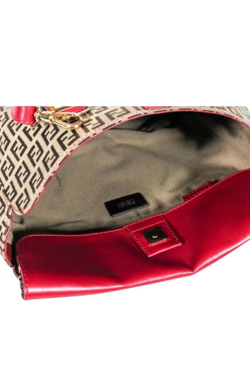 Fendi - Tan Monogram Print Convertible Satchel w/ Red Leather Trim