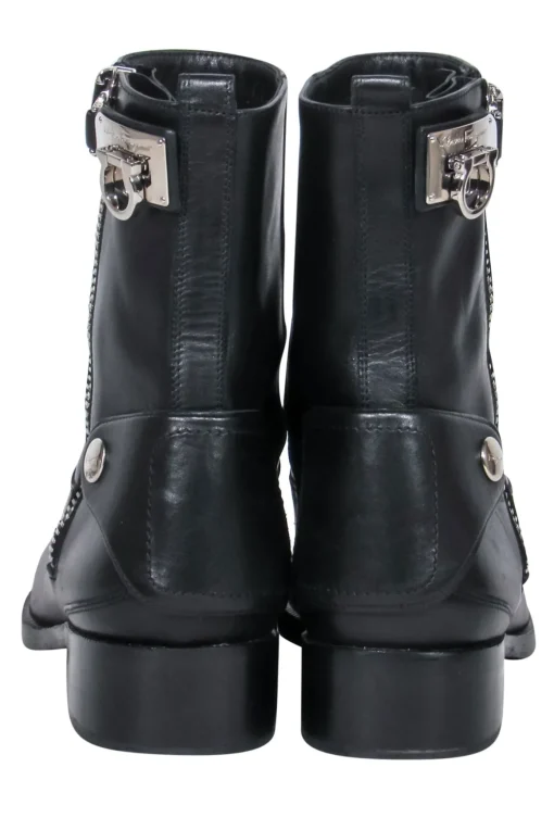Ferragamo - Black Leather "Rebel" Biker-Style Booties w/ Silver Hardware Sz 7.5
