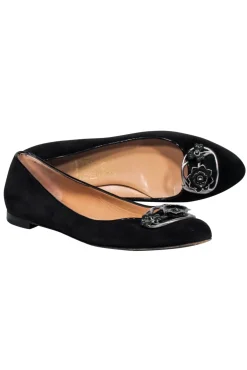 Ferragamo - Black Suede Ballet Flats w/ Floral Decorative Toe Detail Sz 7.5