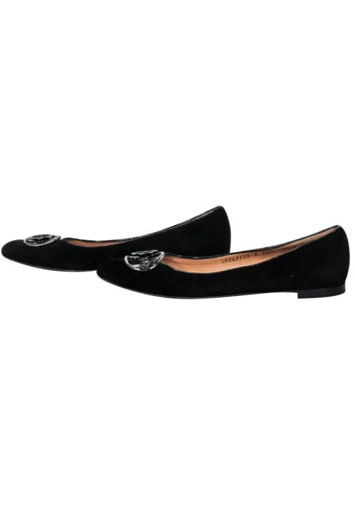 Ferragamo - Black Suede Ballet Flats w/ Floral Decorative Toe Detail Sz 7.5