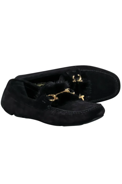 Ferragamo - Black Suede Loafers w/ Mink Trim and Gold Details Sz 11
